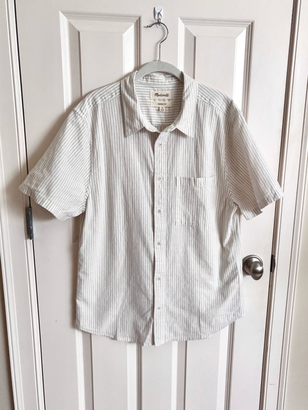 Madewell Men's  Perfect Short-Sleeve Striped Button-Up Shirt - Light Beige/White